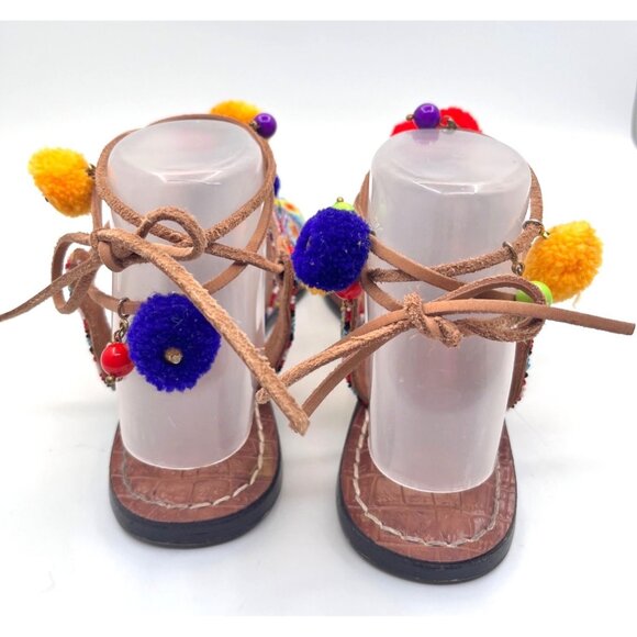 SIZE 7.5 Sam Edelman Lisabeth Beaded Charm Pom Boho Hippie Leather Sandals - Picture 5 of 12